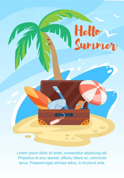 Hello Summer banner, walizka na wybrzeżu z Palm — Wektor stockowy