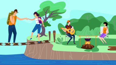 Kamp, yaz eğlenceli sahip mutlu arkadaşlar grubu