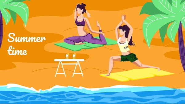 Donne flessibili che fanno Yoga Asana sulla spiaggia all'aperto — Vettoriale Stock