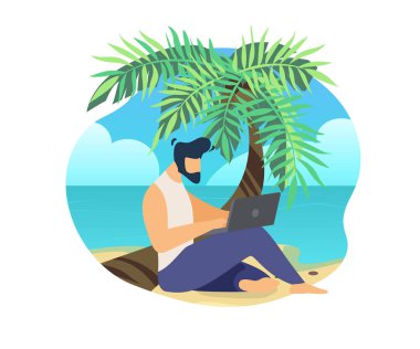 Adam oturma üzerinde Palm Trunk içinde plaj Iş içinde laptop
