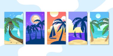 Palmiye ağaçları ve deniz manzaralı afiş ile egzotik plaj