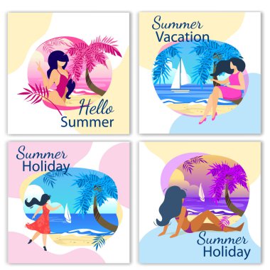 Merhaba yaz tatili, tatil afiş seti, kızlar