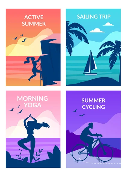 Verão ativo, Yoga matutino, Ciclismo, Viagem à vela — Vetor de Stock