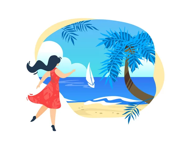 Donna in abito rosso stand on spiaggia con palme — Vettoriale Stock
