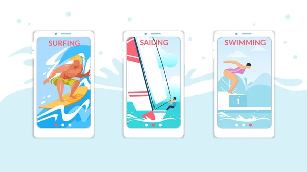 Набор страниц мобильных приложений Surfing, Sailing, Swift — стоковый вектор