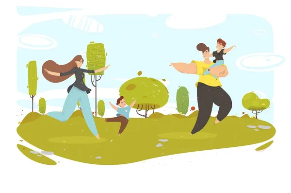 Familia Artesanal Feliz con Niños Descanse en la Naturaleza — Vector de stock