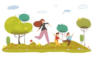 Orman veya Bahçede Koşan İki Oğlu Olan Anne