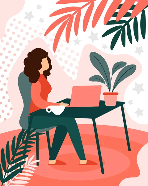 Meşgul Kadın Freelancer Uzaktan Laptop Çalışma — Stok Vektör