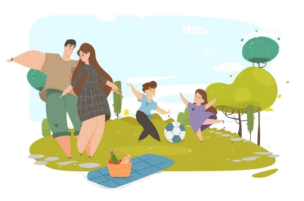 Glückliche Familie beim Picknick im Freien im Park. — Stockvektor