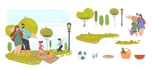 公园设计元素集中的野餐快乐家庭 — 图库矢量图片