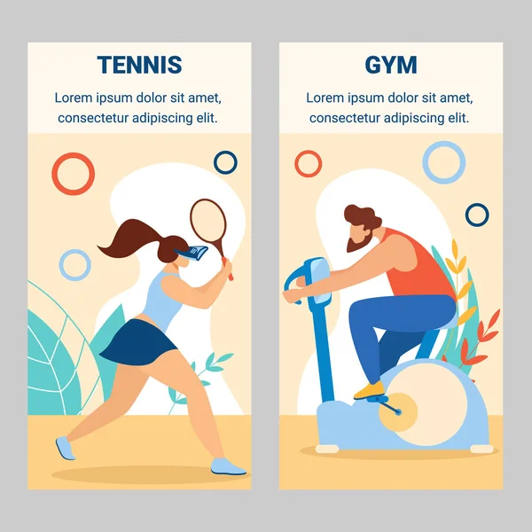 Flicka tennisspelare man ridning motionscykel i gym — Stock vektor