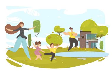 Park veya House Back Yard çalışan Ebeveynler Kids.