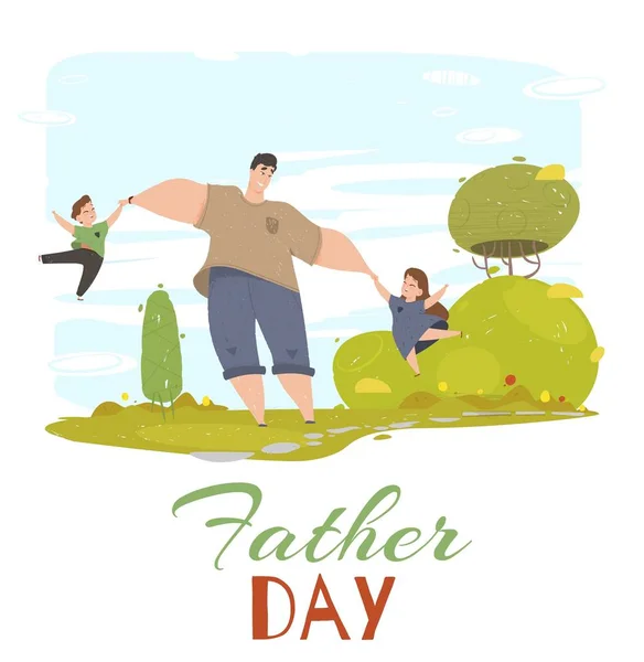 Tarjeta de felicitación del Día del Padre. Papá, Hija e Hijo — Vector de stock