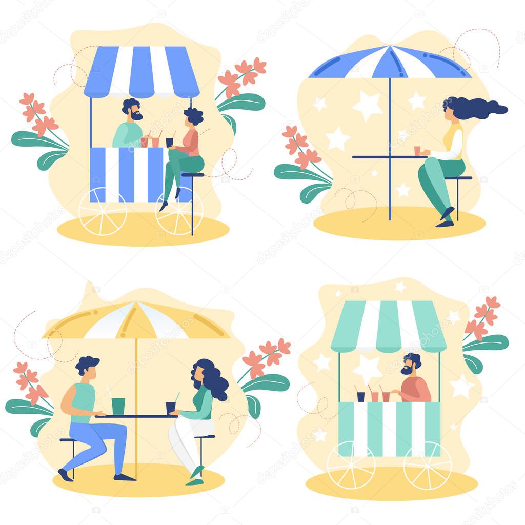 Outdoor Fast Food Cafe Flat Vector Concept Set