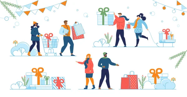 Winter Holiday Family Shopping Flat Vector Concept — Stock Vector