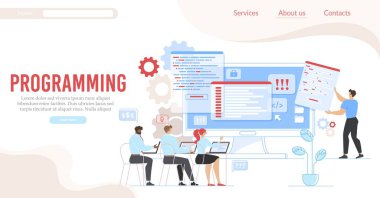 Programming and Coding Service Flat Landing Page. Cartoon People Office Workers Programmers Group Working on Laptop Developing Computer Languages. Technology and Network. Vector Illustration clipart svg vector 