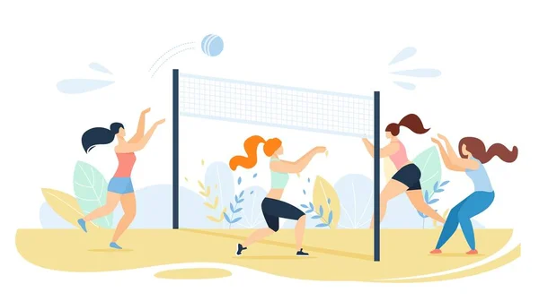 Cartoon Vrouwen Team Karakters Spelen Volleybal — Stockvector