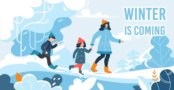 Плоский плакат со снежным лесом и счастливой семьей — стоковый вектор