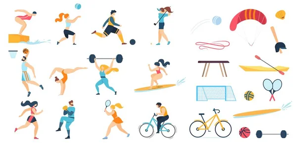 Sportive People Characters Set och sportutrustning — Stock vektor