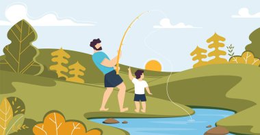 Baba ve Oğul Ormanda Nehirde Balıkçılık Çizgi Filmi