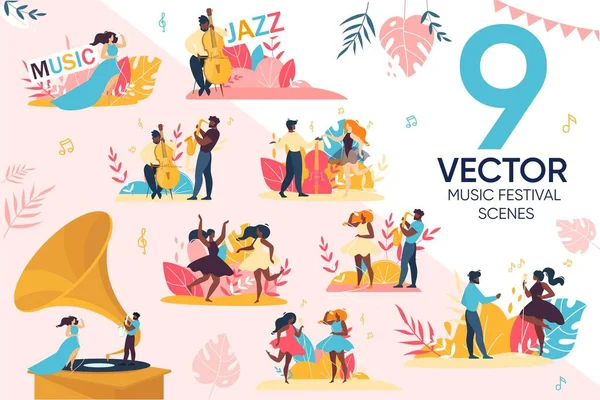 Szabadtéri Jazz Music Festival People Scene Set — Stock Vector