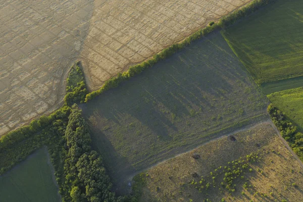 Figuras geométricas en los campos de la granja en el pueblo desde la altura del ojo de pájaro. Kvadrokopter fotografias — Foto de Stock
