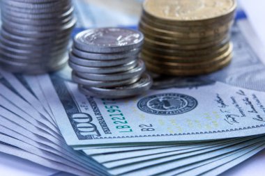 Seçici odak. Ukrayna Grivnası sikkeve yüz dolarlık banknotlar. Döviz bozdurma işi.