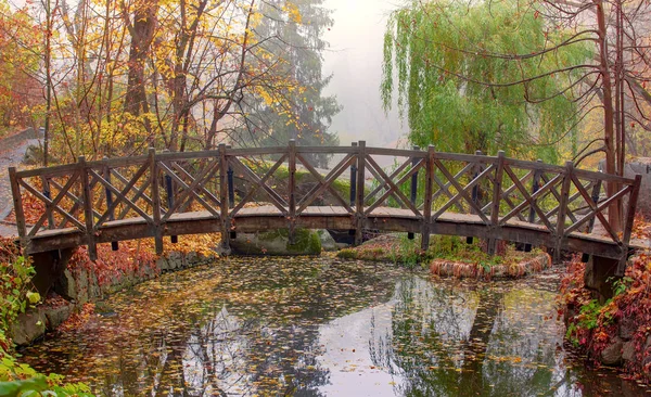 Ősz - A régi híd a ködös parkban reggel. Színes levelek a fákon, a földön és a vízben. — Stock Fotó