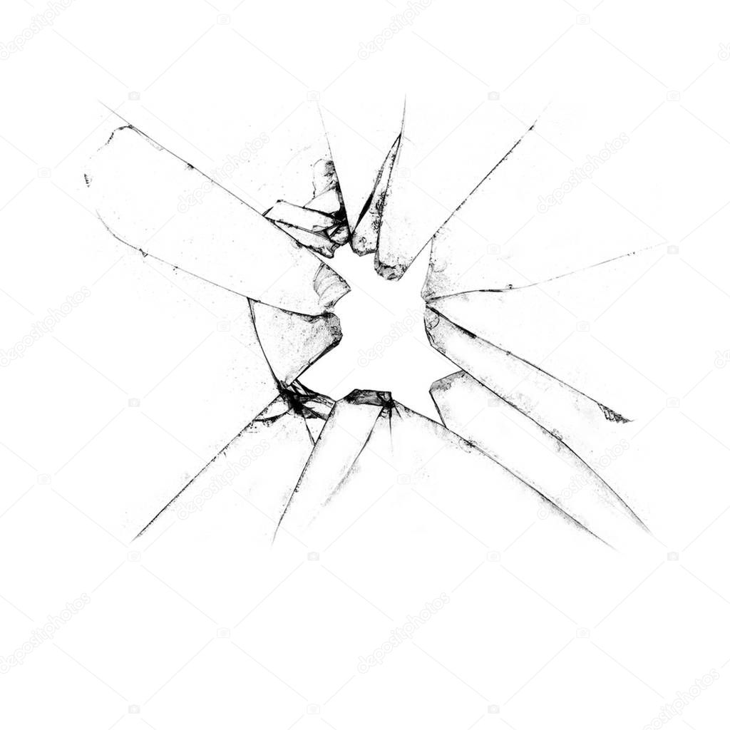 Abstraction of broken glass on a white background. Vandalized glass shattered. Cracks and hole in the window.