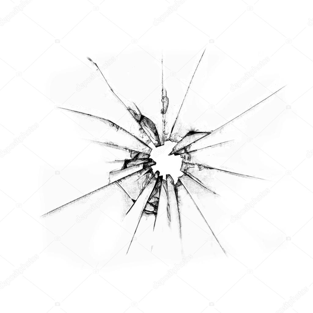 Abstraction of broken glass on a white background. Vandalized glass shattered. Cracks and hole in the window.