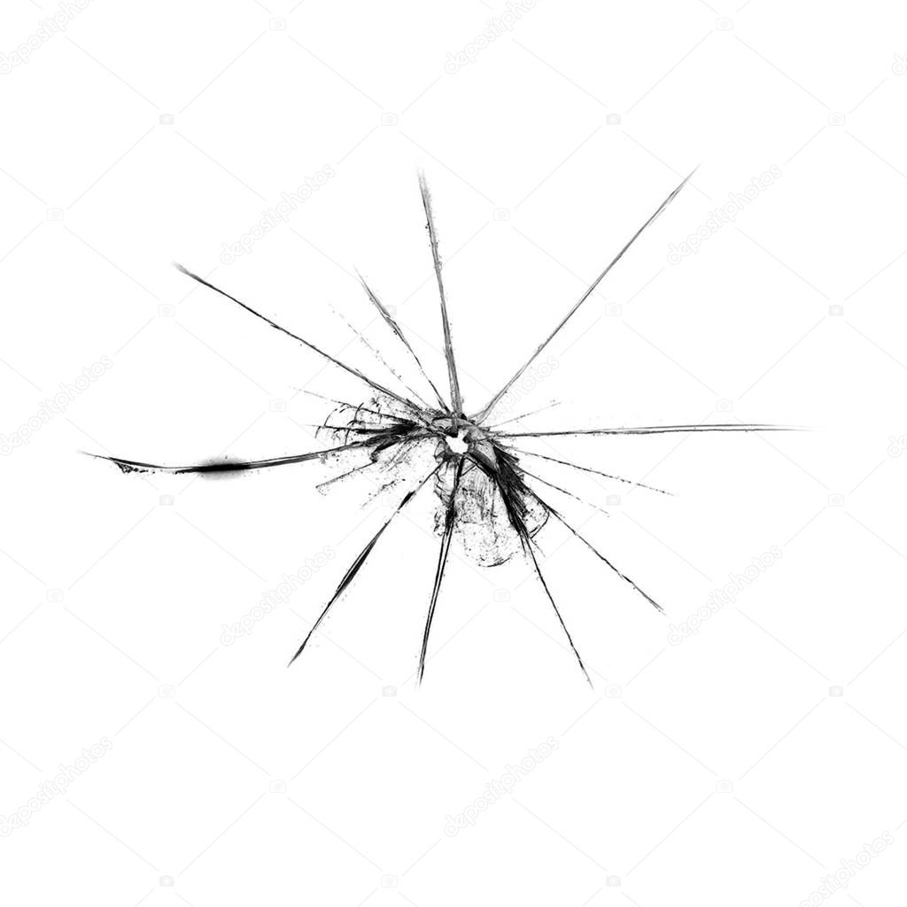 Cracks and lines on broken stone hitting box on white background. cracked glass on the windshield. A web of chips and cracks.