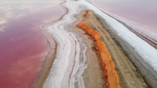 粉红的湖以其疗愈性而闻名 湖畔的粉色湖畔撒满了盐 — 图库视频影像