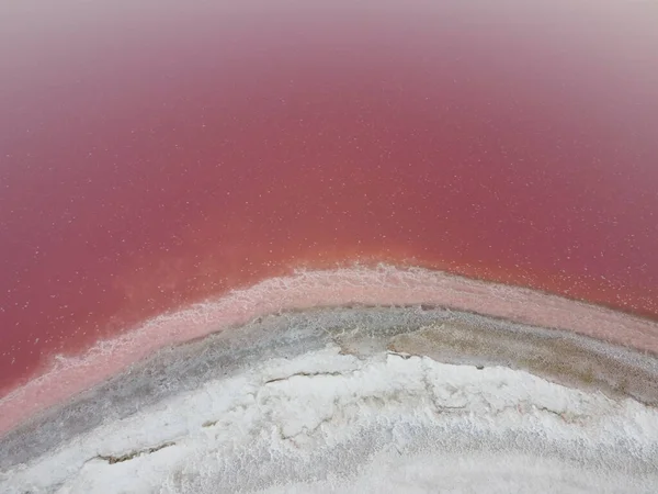 해변은 분홍빛 호수에 소금으로 분홍빛 호수에는 분홍빛을 이루는 염분과 세균이 — 스톡 사진