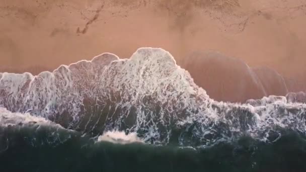 Vue de dessus de la plage de sable et de la mer orageuse, vagues mousseuses, belles vues sur les paysages marins. — Video