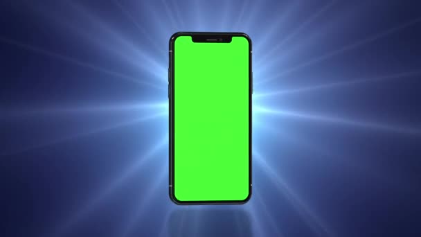 Smartphone Schaltet Sich Auf Blauem Hintergrund Ein Leicht Anpassbarer Grüner — Stockvideo