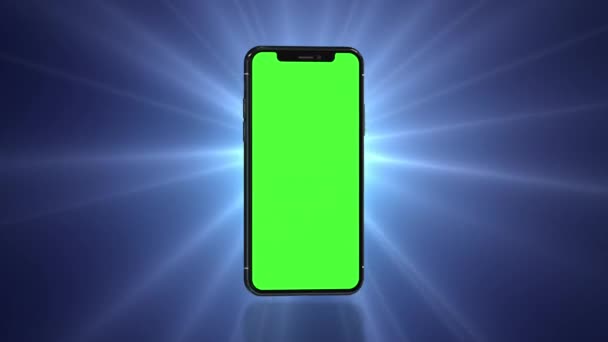 Smartphone allumé sur fond bleu. Écran vert facilement personnalisable. Image générée par ordinateur. 4K 