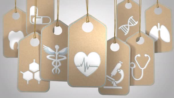 Concepto Médico Sanitario Etiquetas Con Símbolos Iconos Sobre Hospital Médico — Vídeo de stock