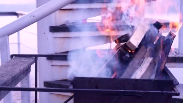 Brennholzstämme in lodernden Flammen des Kamins — Stockvideo