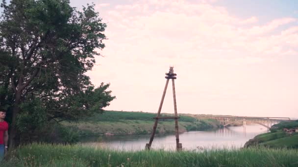 Gars fort marchant, un bel arbre vert, herbe, sur le fond de la rivière Dniepr, pont, le long du chemin — Video