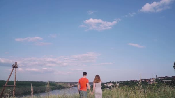 Junge und Mädchen halten sich an den Händen und gehen vorwärts, vor dem Hintergrund von Brücke, Fluss, Baum, Himmel — Stockvideo