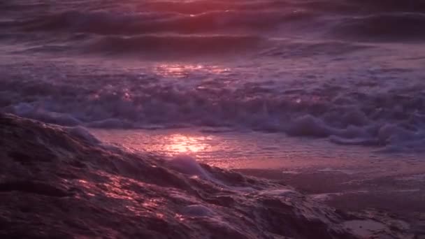 Olas, espuma, surf, sobre la arena mojada, mar oscuro, sobre el telón de fondo de una puesta de sol naranja — Vídeos de Stock