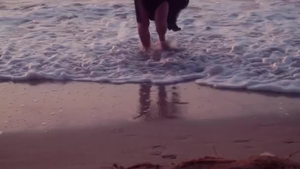 Γυναικεία πόδια τρέχουν στην υγρή άμμο της παραλίας, θαλασσινό νερό, φουσκωτικό κύμα, αφρό — Αρχείο Βίντεο