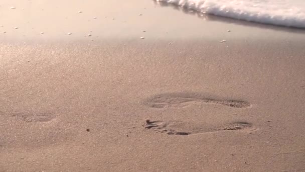 Στην υγρή άμμο, τα αποτυπώματα ποδιών, ξεπλένει το κύμα, αυτό το μέρος είναι κατάλληλο για τα πόδια — Αρχείο Βίντεο