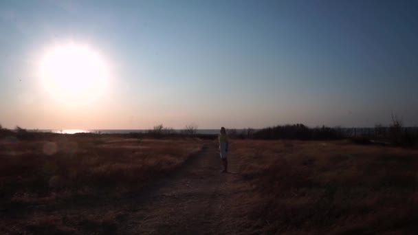 Una ragazza si trova da sola su una strada sterrata, tra campi secchi — Video Stock