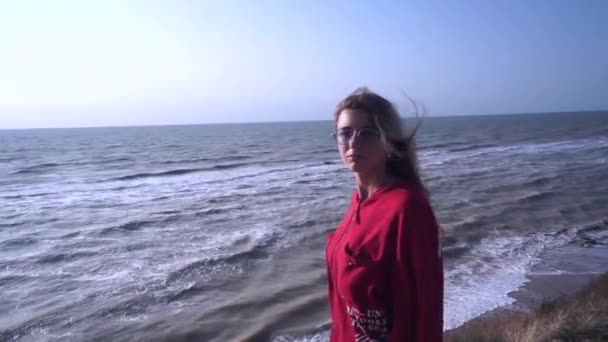 Een meisje staat halfzijdig op een berg, kijkt naar de camera — Stockvideo