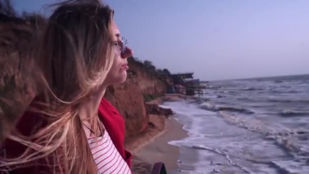The girl in purple glasses looks at the sea, the wind disheveled her hair — ストック動画