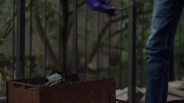 Karantinada eldivenli el, kendini izole etme mangalda spatula ile ateşi şişirir.