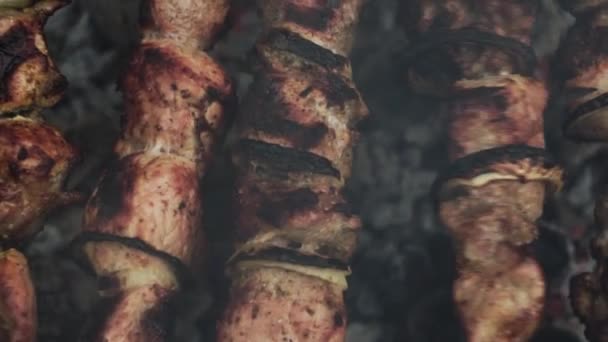 Zbliżenie. Kawałki marynowanej, różowej wieprzowiny smażone są na ognisku w grillu. — Wideo stockowe