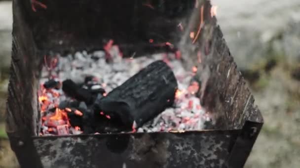 Detailní záběr hořícího dřevěného uhlí na grilu. Uhlí začíná hořet. Sparks fly out — Stock video