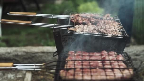 Saucisses grillées, poulet frit et fumé dans des grillades au charbon de bois. Saucisses en coquille naturelle . — Video